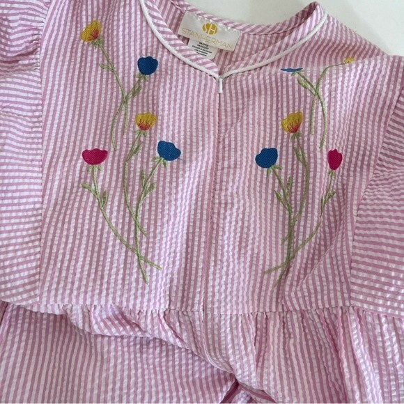 STAN HERMAN Pink White Stripe House Dress Robe Seersucker Embroidered Size Large - Picture 8 of 10